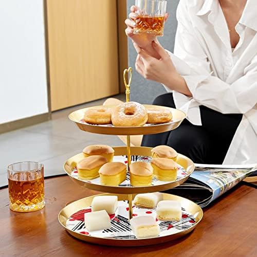 Кекс Дисплеј Десерт Кула, Пластични 3 Нивоа Пециво Злато Служат Штанд, Апстрактни Јапонски Црвена Црна Геометриска Шема Десерт