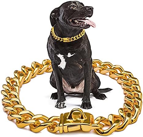 Јака од кучиња од златен ланец, ланец на кучиња за големи кучиња дебели 21мм широко злато Гог јака од не'рѓосувачки челик метал кучиња