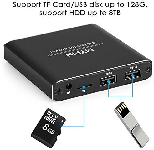4K Media Player со еден AV кабел, Digital MP4 плеер за 8TB HDD/USB диск/TF картичка/H.265 MP4 PPT MKV AVI Поддршка HDMI/AV/Optical Out