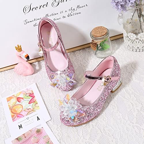 Дете за мали деца Девојки облекуваат пумпи за сјајни сјајни принцези цвет со ниски потпетици, шоу -шоу чевли за танцување сандали
