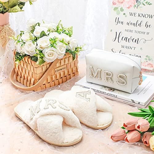 Вабјански г -ѓа невеста папучи нејасни свадбени влечки бели пријатни деверуши папучи со козметичка торба за тоалети за жени подарок
