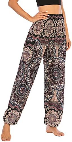Chенски боемски панталони со боемски јога со високи половини танцуваат цветни тајландски удобни бохо хареми панталони