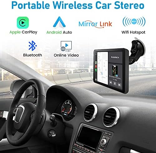 Awesafe Преносен автомобил стерео за безжичен Apple CarPlay Android Auto, 7 инчи IPS екран на допир мултимедијален плеер аудио,