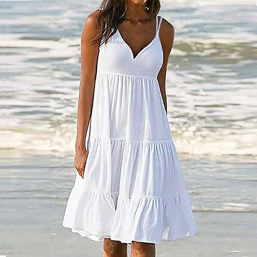 Niuqi женски летен одмор на плажа, трендовски цврста боја v вратот двојно шпагети ленти од садови, обичен фустан од нивоата на нивоата