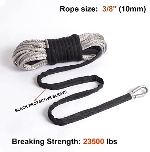 Ropexc Synthetic Winch Rope 3/8 x 100ft 23.500 lbs, 12 жици uhmwpe winch кабелска линија со Thimble и премиум црн заштитен ракав