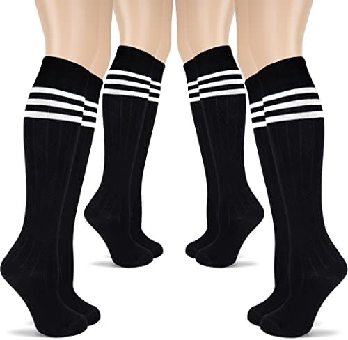 Hughенски Уголи жени памучни колени високи чорапи, долги чорапи за фустани со ленти, мека и лесна, големина на чевли 5-8/8-11, 4 пара