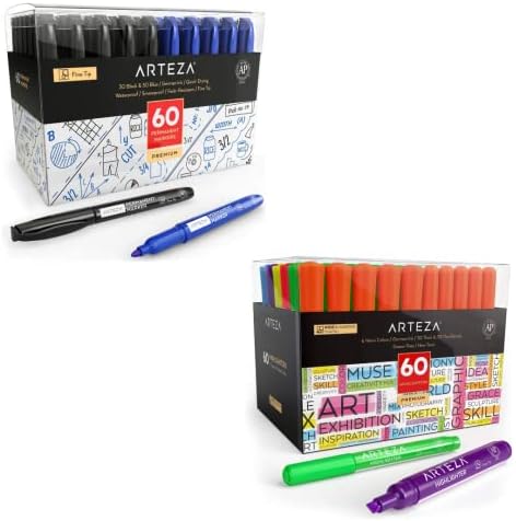 Постојани маркери на Артеза сет од 60 нагласувачи сет од 60, најголемиот дел од обоени маркери, канцелариски материјали за дома, канцеларија,