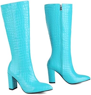 Широк бутовите на бутовите високи чизми за жени со големина 10 дами есен и зимска мода згодна цврста цврста боја камен шема квадратна и дебела