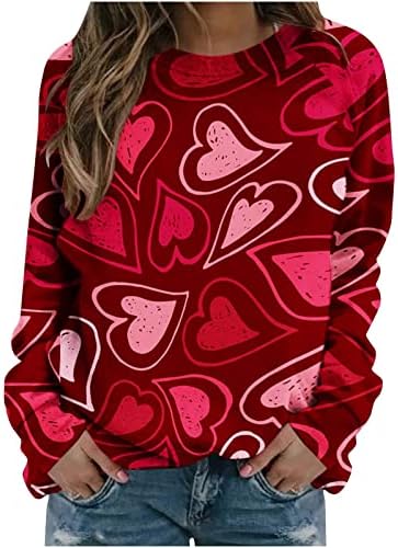 2023 Ден на в Valentубените во џемпери за жени за жени сакаат срцево графичко џемпер лабава екипаж пуловер мода маици со долг ракав
