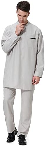 Стоута машка средна цврста цврста боја копче со долга ракав, панталони од џеб, муслимански облеки