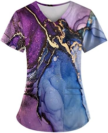 QFVZHY Summerенски летни блузи 2023 Мода печатена работа униформа со џебни маици со кратки врвови на ракави, S-5XL