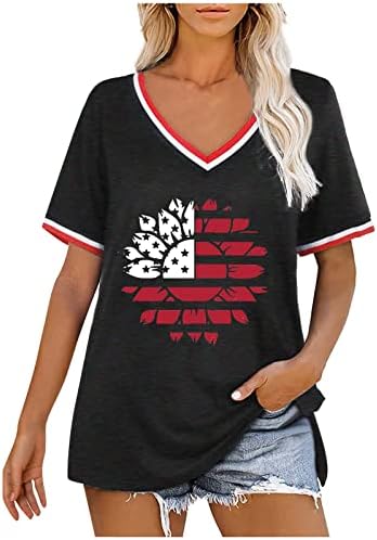 Американски кошули со сончогледи со сончогледи жени маички во САД кратки ракави против вратот 4 јули патриотски врвови