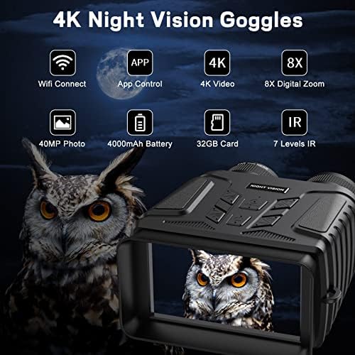 Очила за 4K ноќно гледање, двогледи со голем екран со 4,5 '' со контрола на WiFi и апликации, двогледи за ноќно гледање со 4 бои можат да
