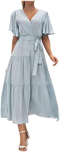 Amxyfbk Women'sенски цврст во боја, чипка, чипка, чипка, чипка, чипка, чипка на ракав, v-врат-фустани, фустани со рафли, елегантен