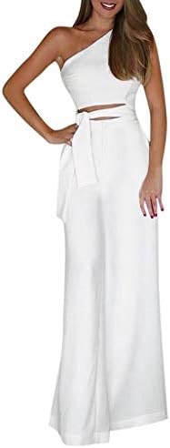 Foviguo жени со едно рамо без ракави 2 парчиња облеки со високи половини, широки панталони за нозе, секој лабава ромпери