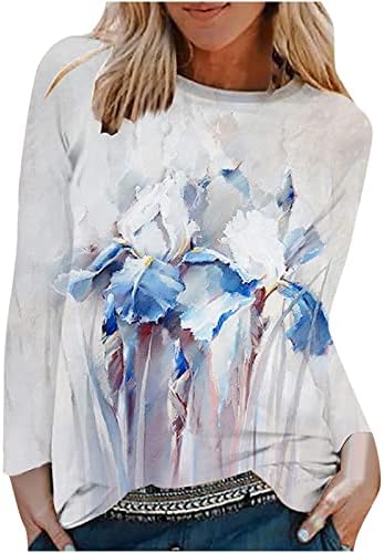 Womenенски обичен тркалезен врат со долг ракав со долги ракави печати лабава кошула врвови на блузи од лабава блузи од туника