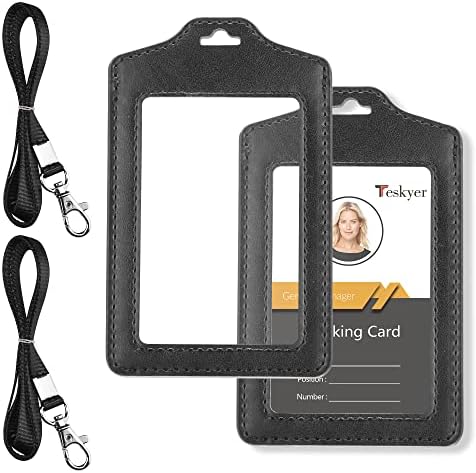 Teskyer 2 пакет со двострана јасен држач за значка со Lanyard, PU Fore Leather ID Bagge Ime Card Cards со не'рѓосувачки челик