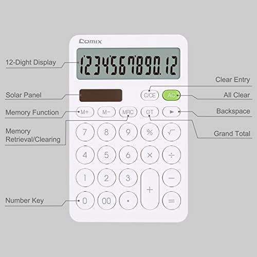Калкулатор за десктоп Comix со голем LCD дисплеј и големо копче, 12 цифри Калкулатор BAISC, стандарден калкулатор, соларна батерија