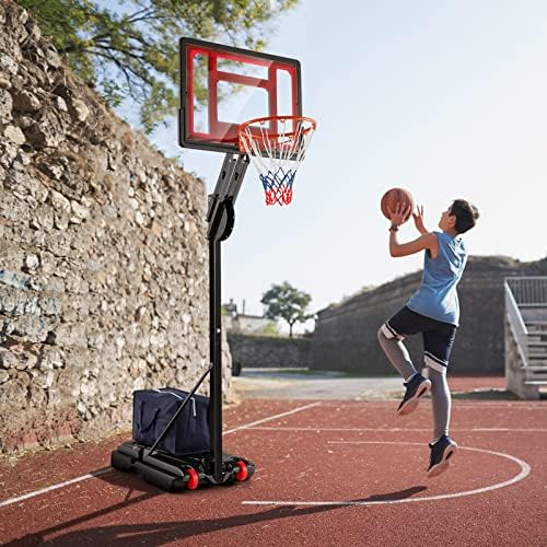 Gymax Преносен кошаркарски обрач, 5 до 10 метри прилагодлива кошаркарска цел со 10 височини, целиот систем на штанд за кошарка со временски