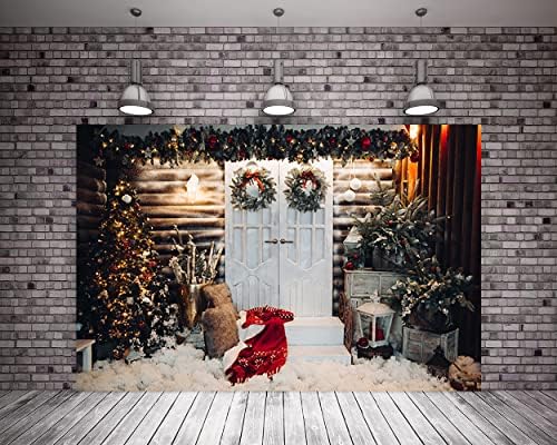 20x10ft Надворешна сцена на отворено забава Божиќна фотографија Позадина бела дрвена врата борови венец Позадина за Божиќна забава wallидови