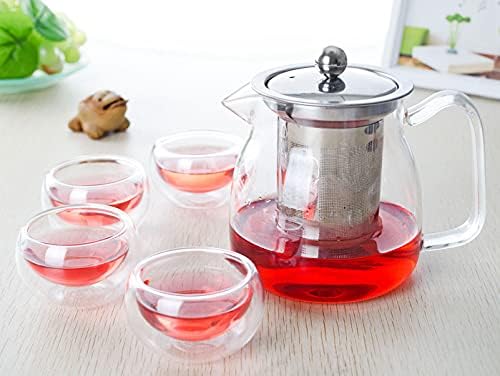 Стаклен сад за чај со чај со не'рѓосувачки челик и инфузер + 4 мини чаши