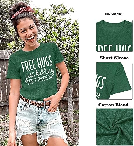Womenените графички маички бесплатни прегратки само се шегуваат, не ме допираат смешни букви кошули за печатење летни обични врвови за кратки