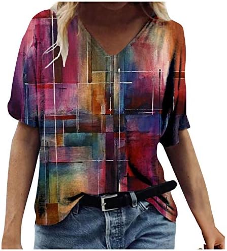 Пролетни врвови жени 2023 година преголеми западни кошули V-вратот со кратки ракави блузи лабави вклопувани модни маички за модни маици