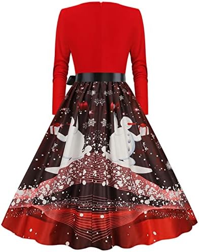 Fashionенски моден Божиќен лесен тенок печатен полите со долги ракави фустан