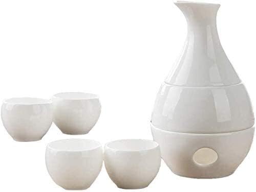 Јапонски стил 7 парчиња сет, бели застаклени керамички чаши поставени со потопло тенџере и шпорет на свеќи, елегантни занаети за вино, за ладно/топло/топли/чај/чај