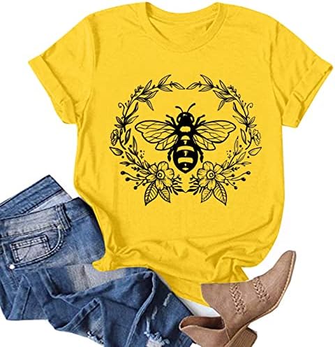 Кошули за жени лабави се вклопуваат обични врвови за жени модни пчели фестивални кошули за печатење на вратот кратко кратко кратко