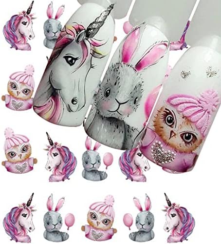 Налепници за нокти на еднорог, слатки декорации за нокти, зајаци балони пилиња сирена нокти налепници цртан филм животински нокти