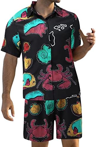 Xzhdd летни 2 парчиња комплети за мажи, школка рак отпечатено копче за кратки ракави надолу од кошули со шорцеви поставени обични облеки на плажа
