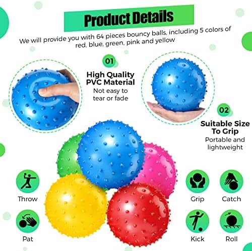 Jerify 64 парчиња 6,3 инчни топки со ноби за деца сензорни топки со воздушна пумпа за мали надуени жив топки меки шилести мали деца