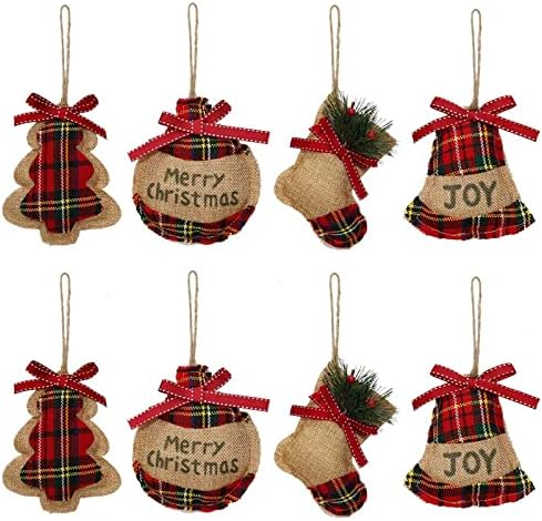 8 парчиња Божиќни украси украси од дрво, 4 стил Бафало Проверете ги карирани зашиени украси, висечки украси, божиќни украси за Божиќни украси што