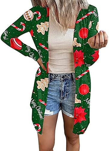 Лабава класична врвна женска Божиќна блуза со долги ракави со отворена лесна полиестер без кокари на Дедо Мраз.