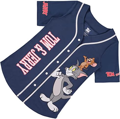 Кошула на Том и Jerryери Дами - Дами класичен цртан филм Меш копче надолу во бејзбол дрес - Jerseyерси Хана Барбера Меш