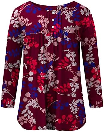 Женски цветни врвови на туники со долги ракави маици влегуваат копчиња нагоре v bluses на вратот случајно лабава вклопена летна