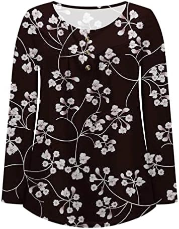 Есен цвет печатени врвови за туники за жени плетени јака од јака од јака од врвот есен случајно долги ракави, проточни кошули на Хенли