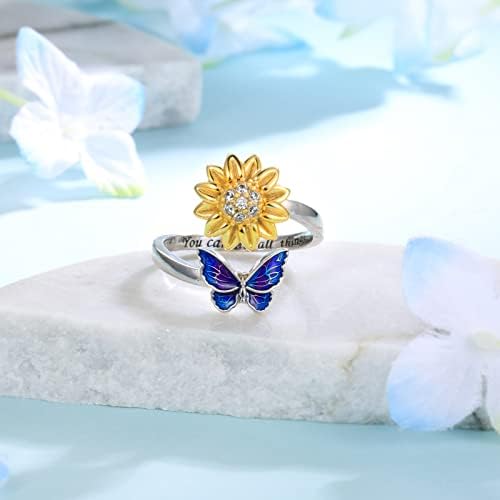 Ogoodsunj 925-Sterling-Silver Anti Angistence Ring за жени: Сончоглед пчела дамки од пеперутка вртеж, ротирачки мирни прстени накит
