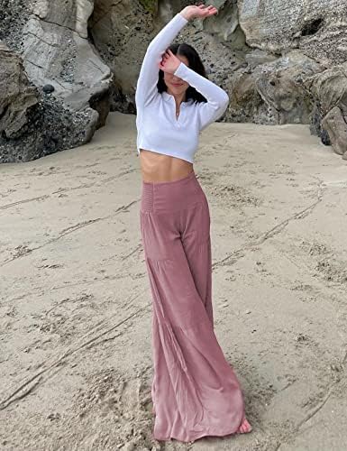 Xiaoxuemengенски женски пантацо панталони проточни еластични високи половини со широки панталони за плажа на нозе