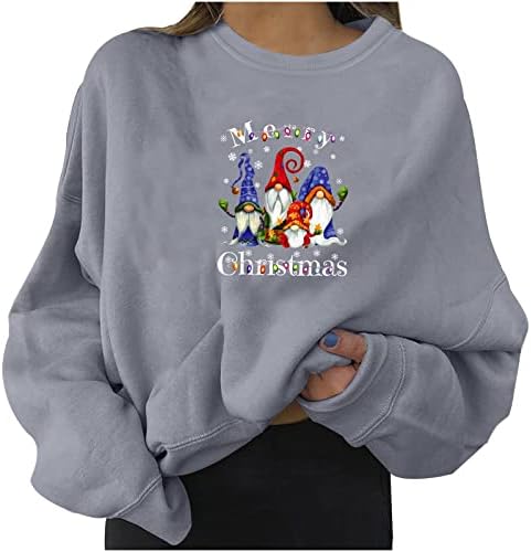 Christmasенски Божиќна графичка џемпер, обичен тркалезен врат пуловер, лабава кошула лесни врвови на женски дуксери 2x