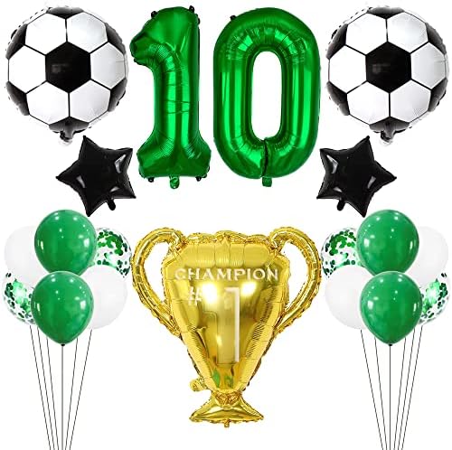 Кавајај Фудбал 10-ти Роденден Балони Фудбал Партија Балони Првенство Трофеј Балон Темно Зелена Број 10 Фолија Балон За Роденден Фудбалска Забава,