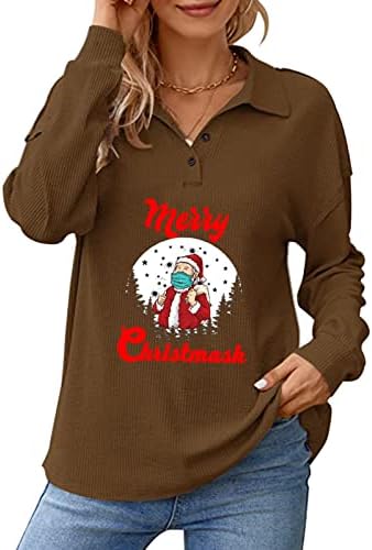 Среќни Божиќни женски женски обични полу-копче пуловер со долги ракави џемпери лапел со трендовски девојки паѓаат y2k облека
