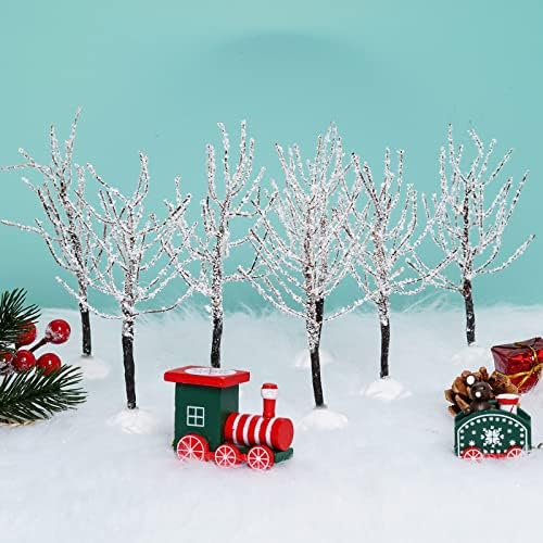 7 парчиња мини божиќни декор дрвја, снежни покриени со гранки селски дрвја, вештачко божиќно село се прикажува дрво, зимски снег модел Бреза дрвја
