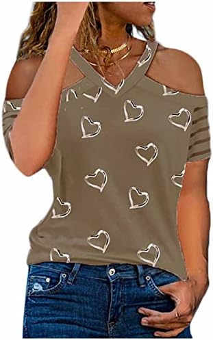 Nxxyeel ладно рамо врвови за жени, женски кратки ракави маица против вратот loveубов печатена лента за ракави со лежечки маички