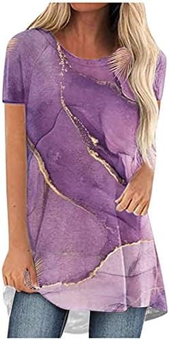 Врвови за кратки ракави за тинејџерки есен лето екипаж Спандекс мермер графички лабави вклопувани блузи жени 2023 облека