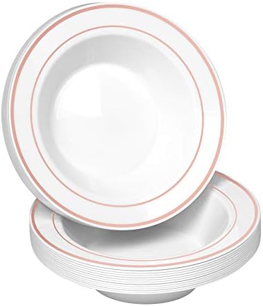 100 бело за еднократна употреба со розово злато обложени пластични чинии со супа | 14 мл. Премиум тешки за еднократна употреба вечера
