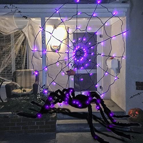 MCHOCHY Light-up Spider Webs Halloween Decorations, 50 '' Giant Lighted Spider + 50 '' Round Lighted Spider Web за застрашувачки украси