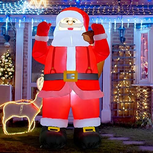 Comin 6.6ft Божиќ на надувување на Дедо Мраз на отворено украси ， издувајте го Дедо Мраз со торба за подароци ， разнесени дворни украси со вградени