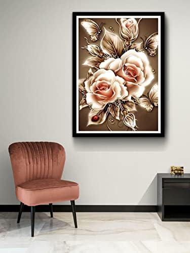 Комплет за сликање на златни цвеќиња Дијамант за возрасни, дијамантска уметност роза 5Д дијамантска дијамантска слика со целосна
